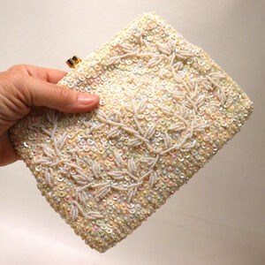Vtg Le Regale Sequin Pearl Clutch Handbag Women S Gold Tone Satchel Chain